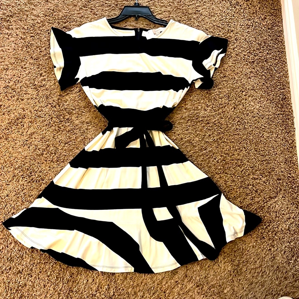 Loft, black, and white striped ruffle dress